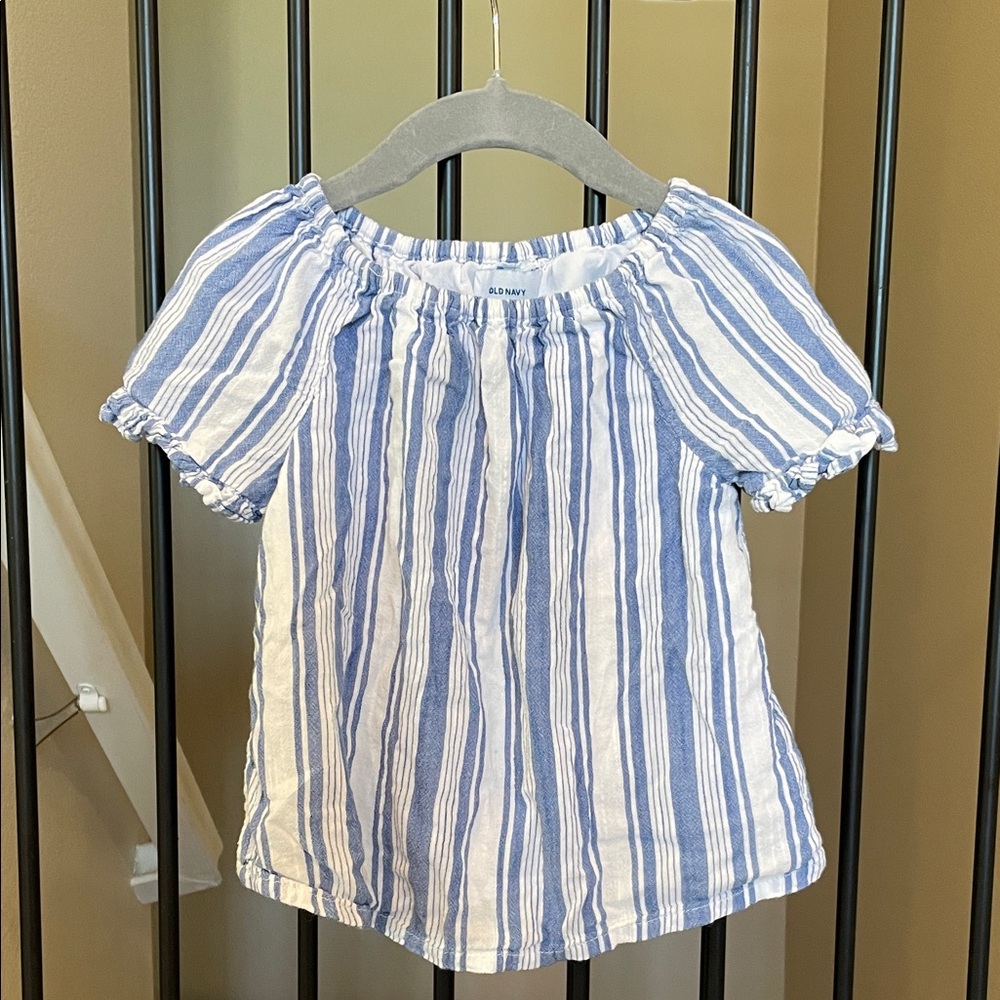 Old Navy Blue and White Striped Girls' Off-Shoulder Top 3Y